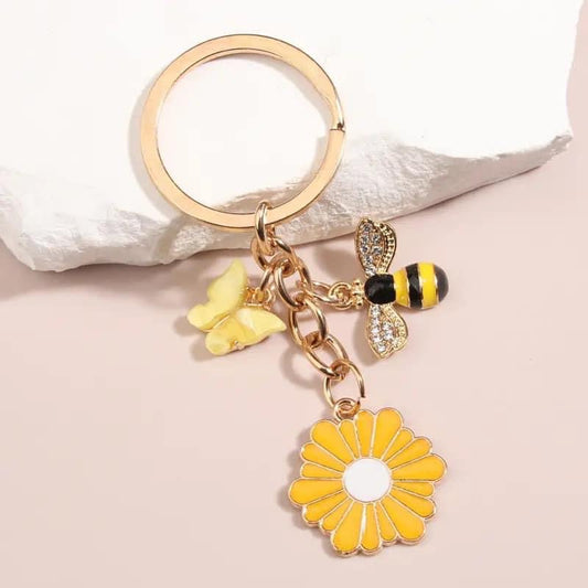 Bees, Butterfly, and Flowers Keychain